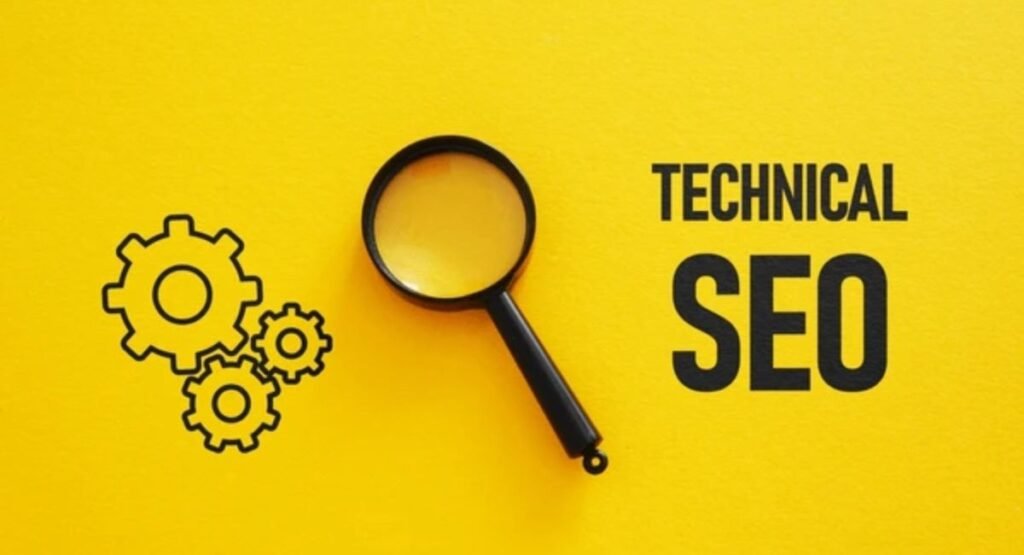 Technical SEO illustration with a magnifying glass and gear icons representing website crawlability, indexing, and Google ranking optimization.