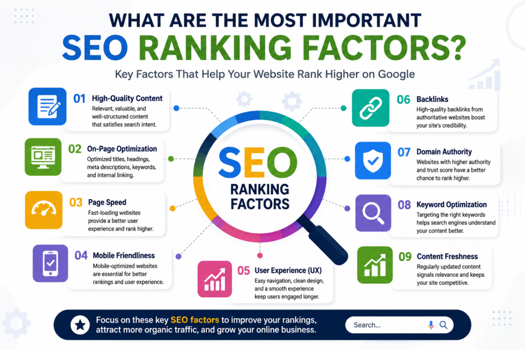 SEO in Digital Marketing Guide 2026 What are the most important SEO ranking factors? Infographic showing content quality, backlinks, page speed, mobile SEO, user experience, and keyword optimization.