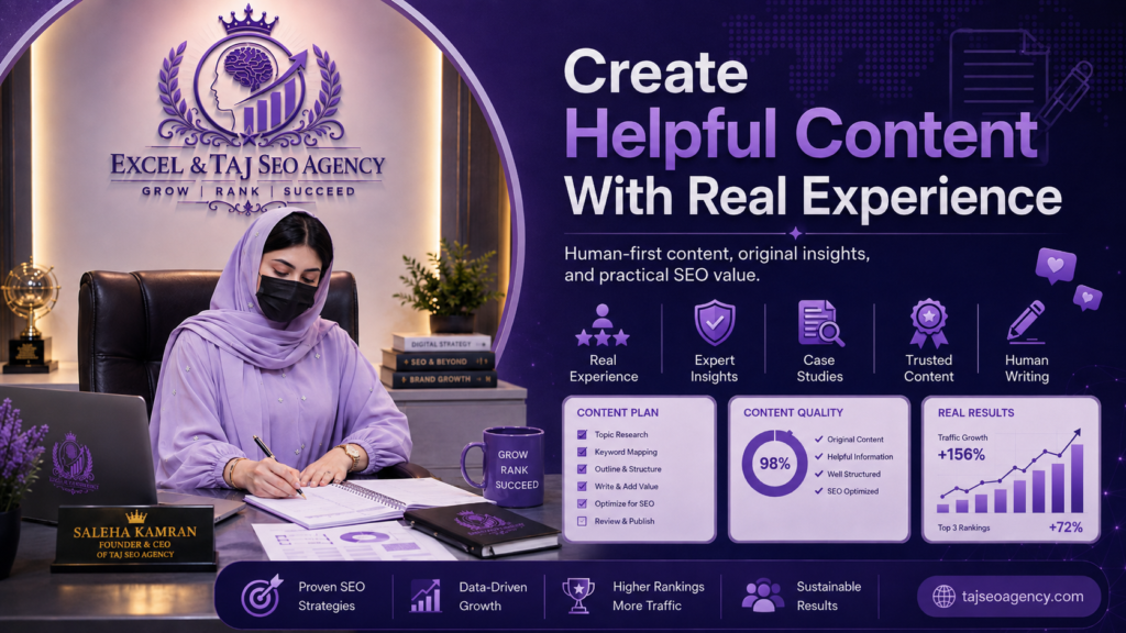 Create helpful content with real experience for SEO by Taj SEO Agency