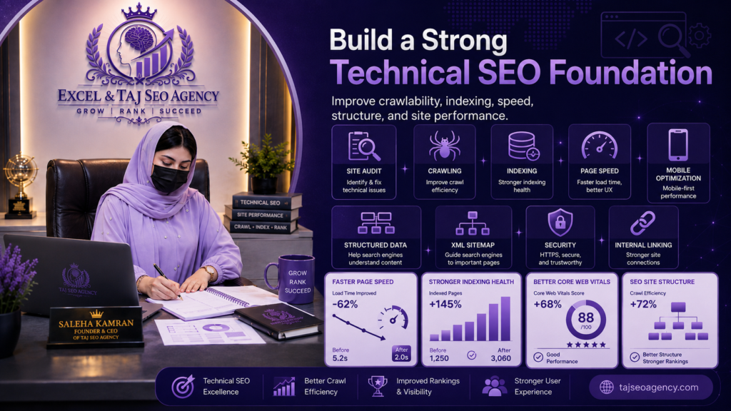 Build a strong technical SEO foundation with site audit, crawling, indexing, page speed, mobile optimization, structured data, and internal linking