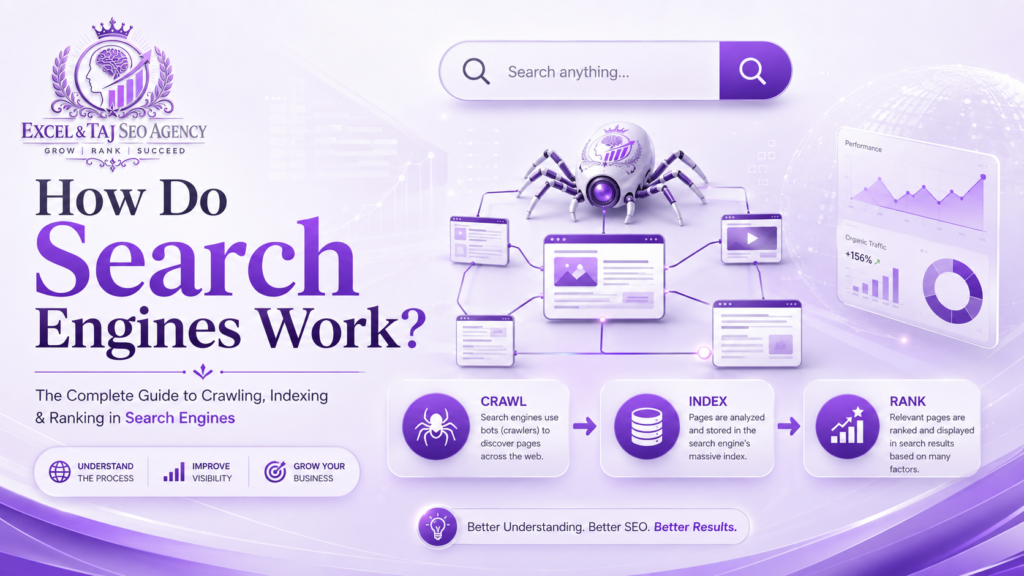 What Is SEO? A Complete Beginner’s Guide to Search Engine Optimization Illustration showing how search engines work, including crawling, indexing, and ranking, with a purple SEO-themed design by Excel & Taj SEO Agency.