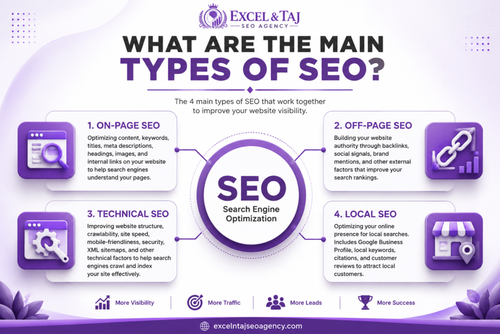 What Is SEO? A Complete Beginner’s Guide to Search Engine Optimization Infographic explaining the four main types of SEO: On-Page SEO, Off-Page SEO, Technical SEO, and Local SEO.