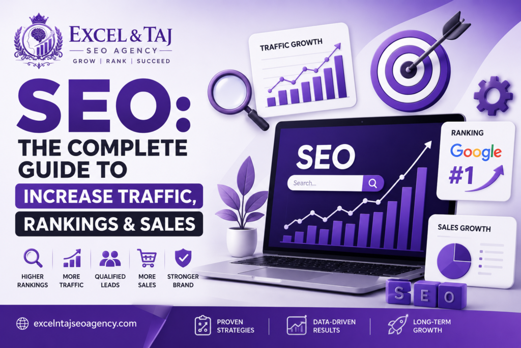 SEO: The Complete Guide to Increase Traffic, Rankings & Sales SEO complete guide infographic showing strategies to increase website traffic, improve Google rankings, generate qualified leads, and grow online sales.