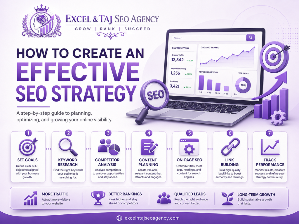 SEO: The Complete Guide to Increase Traffic, Rankings & Sales Infographic showing how to create an effective SEO strategy using goals, keyword research, competitor analysis, content planning, on-page SEO, link building, and performance tracking.