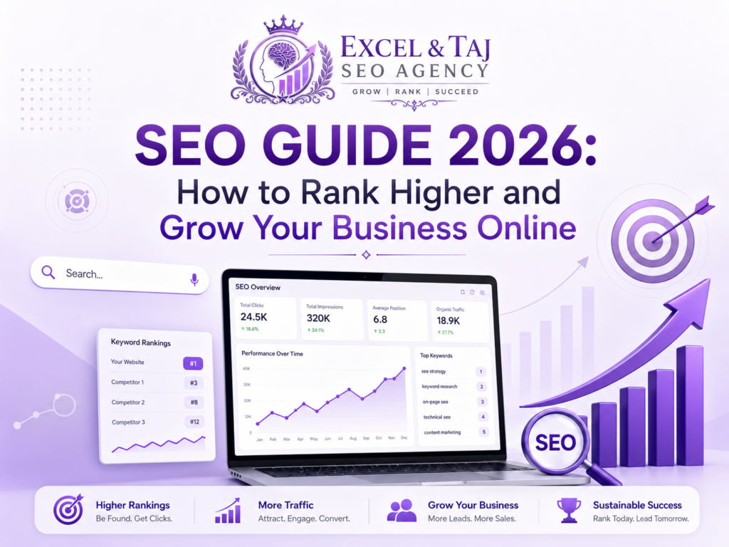 SEO Guide 2026 infographic showing how to rank higher on Google, increase organic traffic, generate leads, and grow your business online.