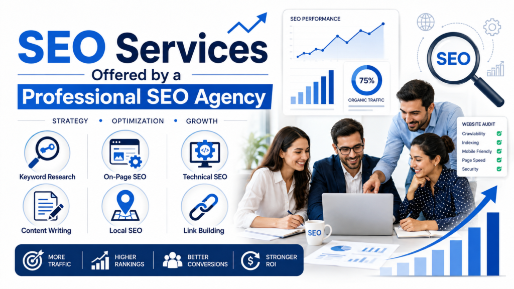 Professional SEO agency offering keyword research, on-page SEO, technical SEO, content writing, local SEO, and link building services
