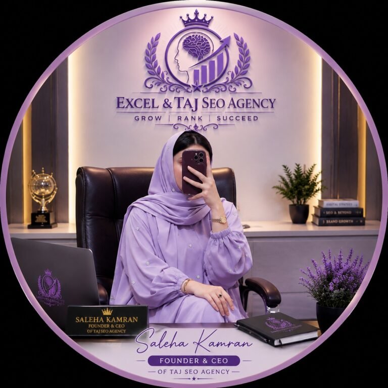 Home Professional SEO agency meeting with Saleha Kamran wearing a lavender hijab and black mask, seated with a laptop in an Excel & Taj SEO Agency office.