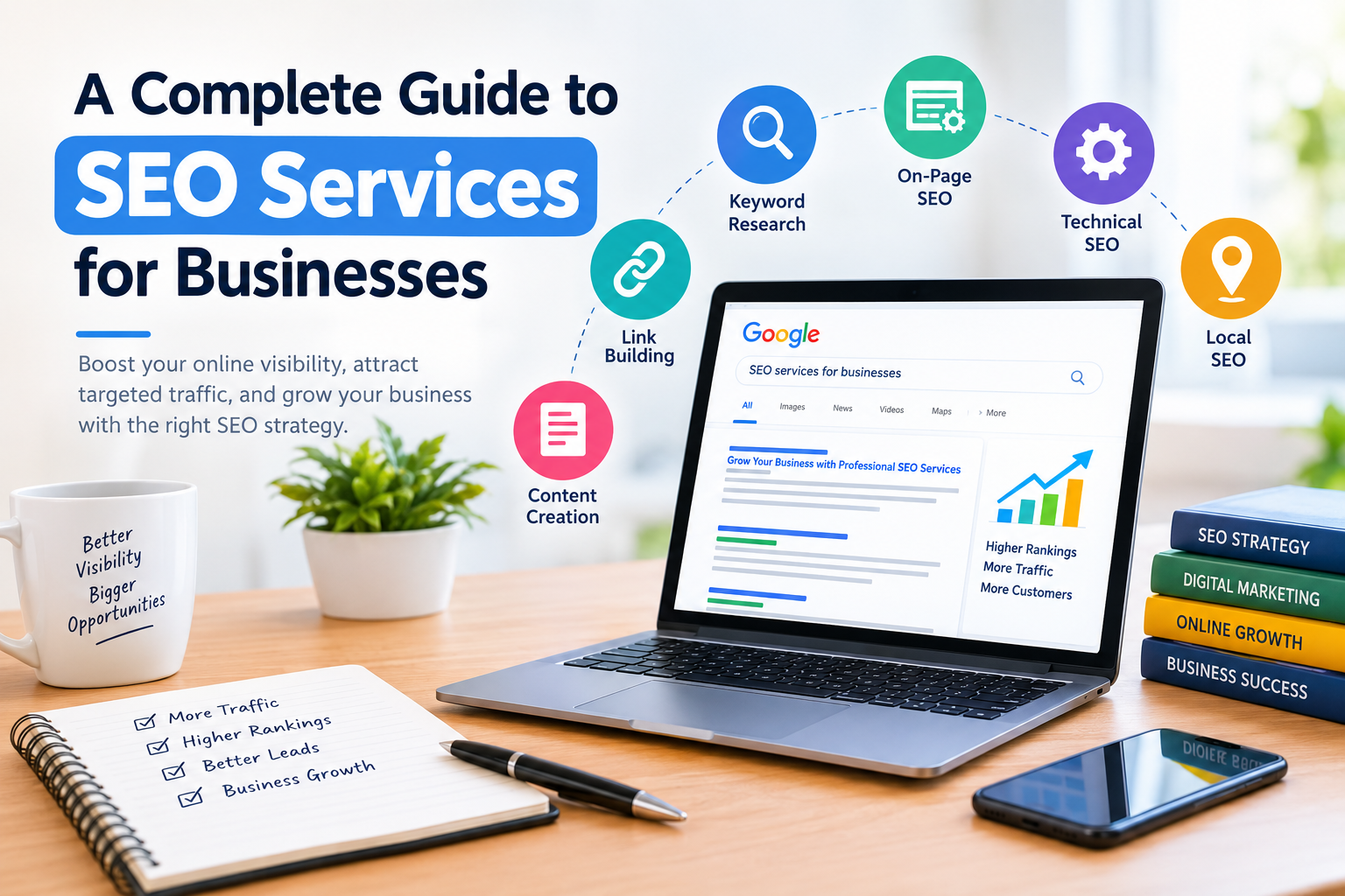 A Complete Guide to SEO Services for Businesses SEO services for businesses guide with SEO strategy and search rankings