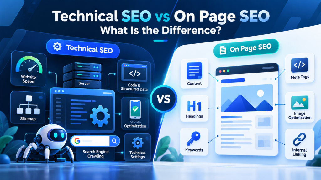 Technical SEO vs On Page SEO comparison showing key differences between website optimization and content optimization strategies