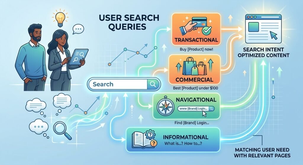 Search Intent Optimization types illustration (Informational, Navigational, Commercial, Transactional)