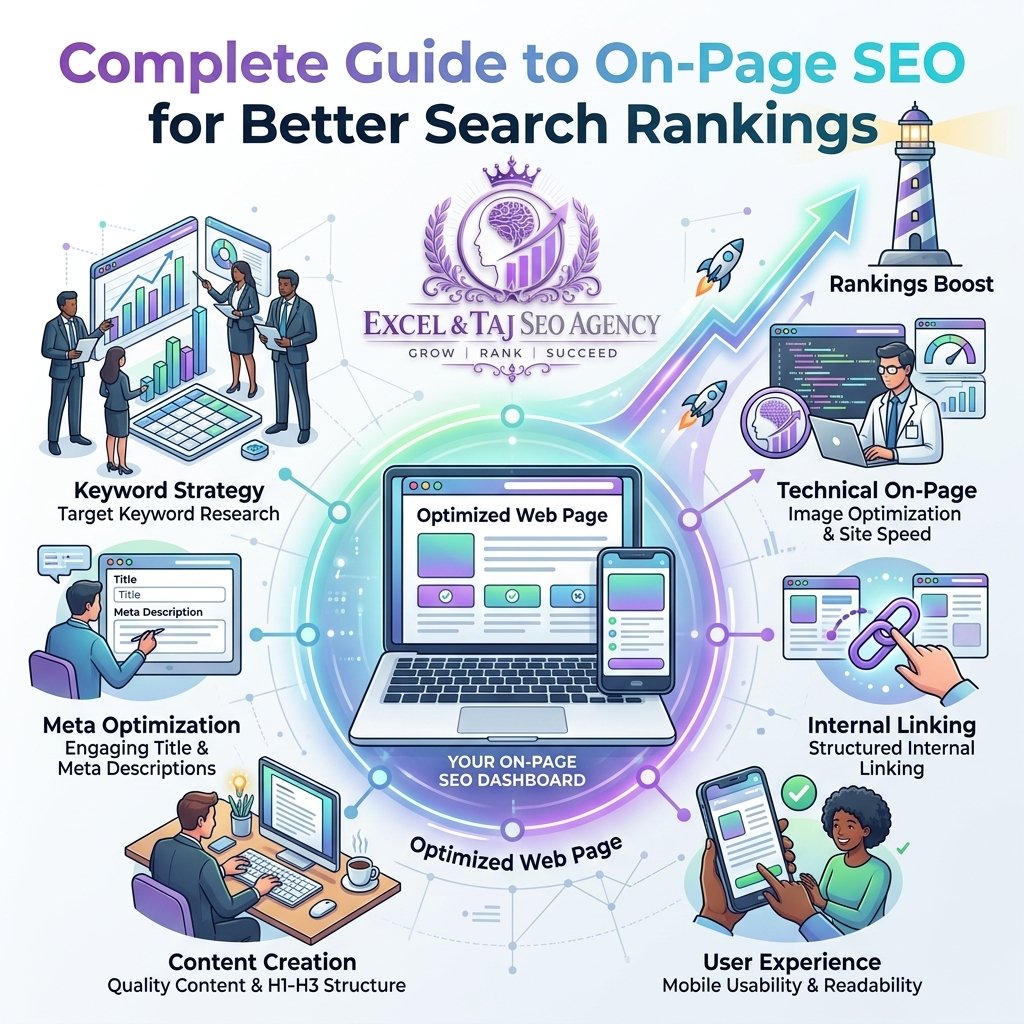 Complete Guide to On-Page SEO for Better Search Rankings Complete Guide to On-Page SEO for Better Search Rankings Infographic by Excel & Taj SEO Agency