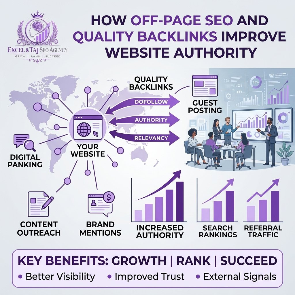 How Off-Page SEO and Quality Backlinks Improve Website Authority Infographic by Excel & Taj SEO Agency showing how Off-Page SEO, quality backlinks, guest posting, content outreach, and brand mentions improve website authority and search rankings.