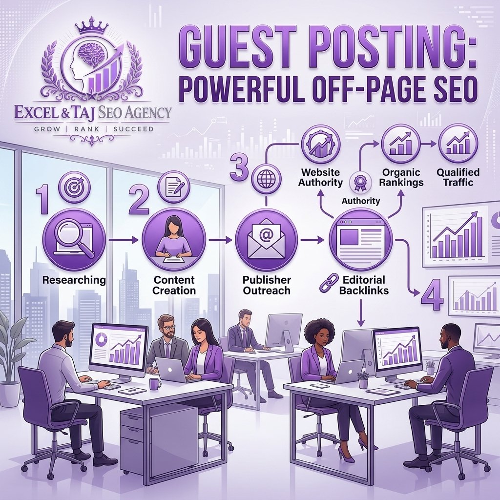 How Off-Page SEO and Quality Backlinks Improve Website Authority Infographic by Excel & Taj SEO Agency illustrating Guest Posting as an Off-Page SEO strategy, showing research, content creation, publisher outreach, editorial backlinks, and organic ranking growth.