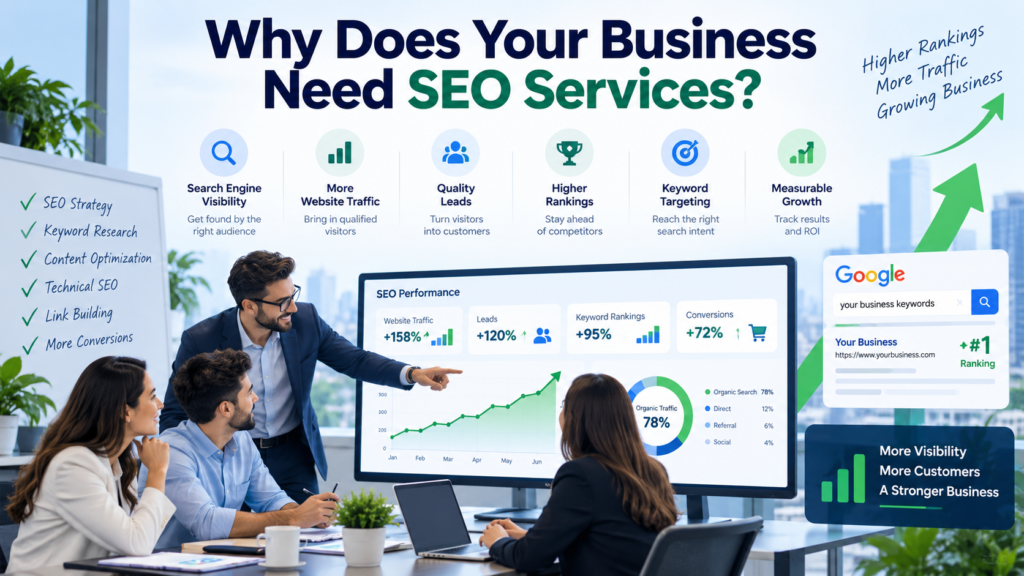SEO Consulting Services: A Complete Guide to Growing Your Business Online Business team reviewing SEO performance, keyword rankings, website traffic, leads, and conversions to improve online growth.